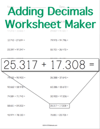 Adding Decimals Worksheet <small>Horizontal Format</small>