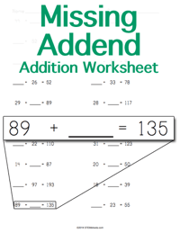 Addition Worksheet <small>Missing Addend</small>
