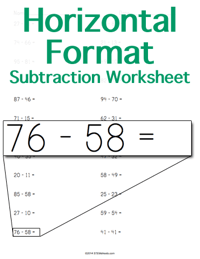 Subtraction Worksheet <small>Horizontal Format</small>